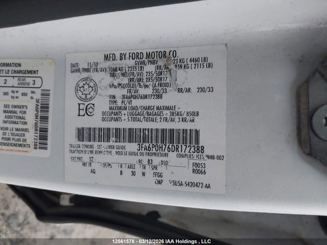 Aukcja sprzedaży 2013 Ford Fusion Se, vin: 3FA6P0H76DR172388, numer aukcji: 12561578
