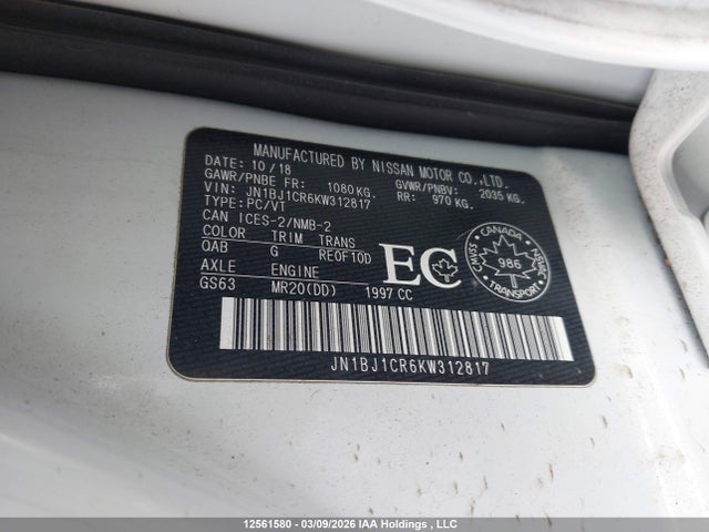 JN1BJ1CR6KW312817 Nissan Rogue Sport S/sv/sl