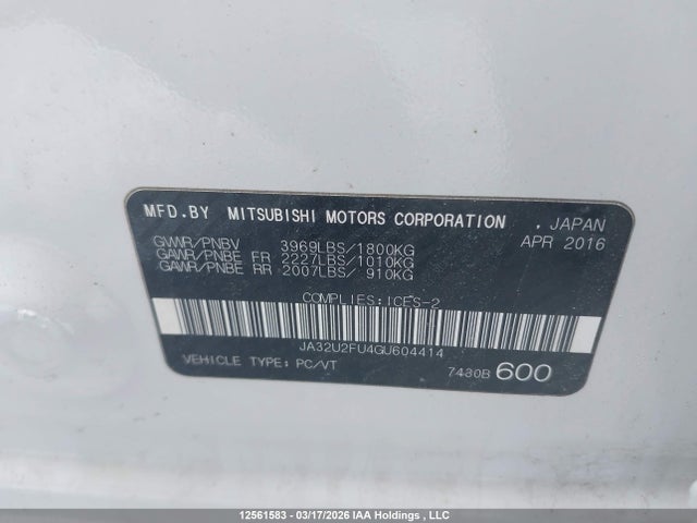 Aukcja sprzedaży 2016 Mitsubishi Lancer Es/se Ltd, vin: JA32U2FU4GU604414, numer aukcji: 12561583