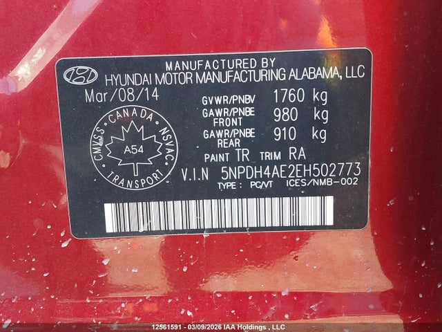 12561591 :رقم المزاد ، 5NPDH4AE2EH502773 vin ، 2014 Hyundai Elantra مزاد بيع