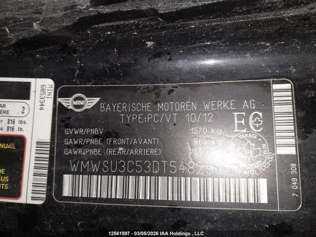 Продаж на аукціоні авто 2013 Mini Cooper, vin: WMWSU3C53DT548291, номер лоту: 12561597