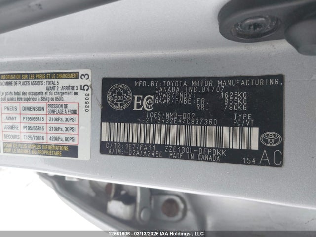 Продажа на аукционе авто 2007 Toyota Corolla Ce/le/s, vin: 2T1BR32E47C837360, номер лота: 12561606