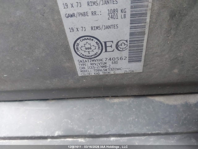 5N1AT2MVXHC740562 Nissan Rogue S/sl Platinum/sv