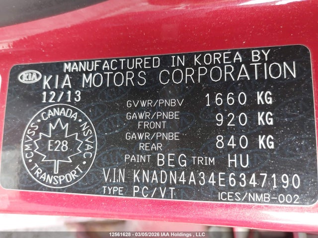 12561628 :رقم المزاد ، KNADN4A34E6347190 vin ، 2014 Kia Rio مزاد بيع