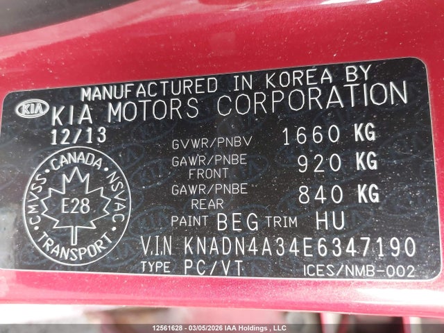 12561628 :رقم المزاد ، KNADN4A34E6347190 vin ، 2014 Kia Rio مزاد بيع