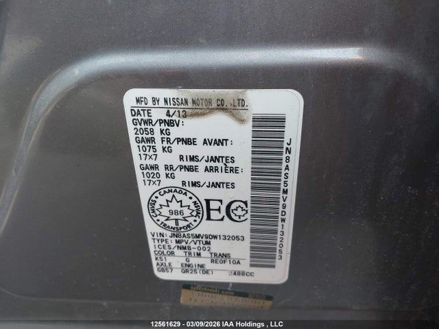 12561629 :رقم المزاد ، JN8AS5MV9DW132053 vin ، 2013 Nissan Rogue S/sl/sv مزاد بيع