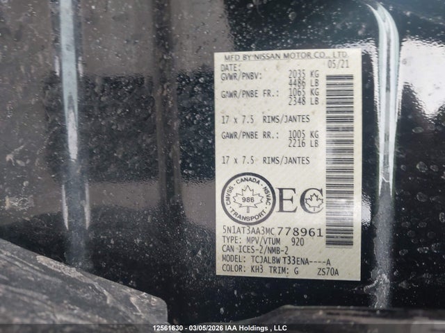 2021 Nissan Rogue S მანქანა იყიდება აუქციონზე, vin: 5N1AT3AA3MC778961, აუქციონის ნომერი: 12561630