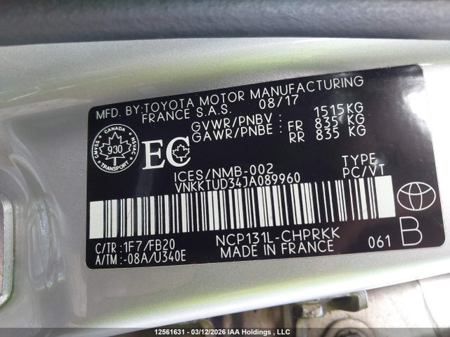 12561631 :رقم المزاد ، VNKKTUD34JA089960 vin ، 2018 Toyota Yaris L/le/se مزاد بيع