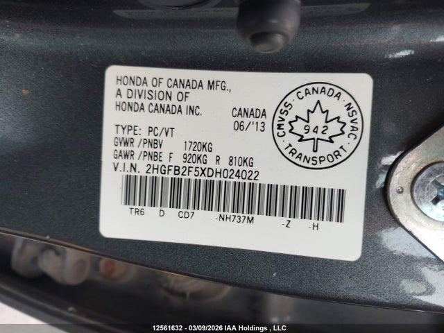Продаж на аукціоні авто 2013 Honda Civic Lx, vin: 2HGFB2F5XDH024022, номер лоту: 12561632