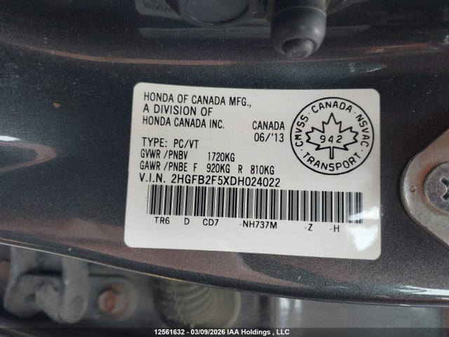 Продаж на аукціоні авто 2013 Honda Civic Lx, vin: 2HGFB2F5XDH024022, номер лоту: 12561632