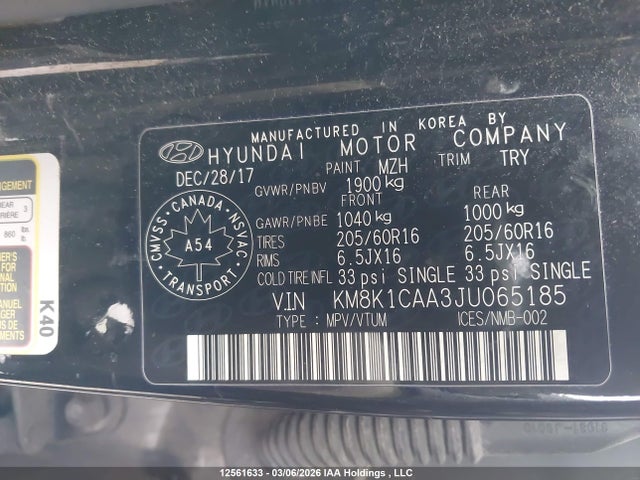 12561633 :رقم المزاد ، KM8K1CAA3JU065185 vin ، 2018 Hyundai Kona 2.0l Essential مزاد بيع