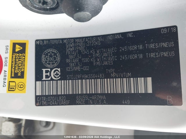 12561636 :رقم المزاد ، 5TDJZRFH9KS564483 vin ، 2019 Toyota Highlander مزاد بيع