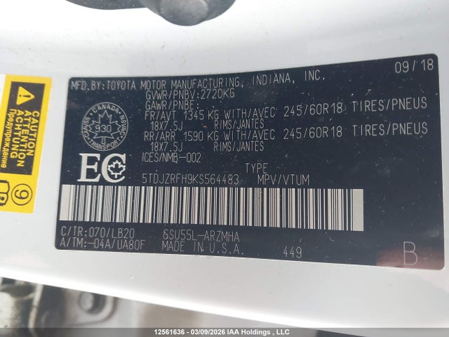 12561636 :رقم المزاد ، 5TDJZRFH9KS564483 vin ، 2019 Toyota Highlander مزاد بيع