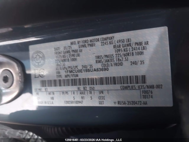 2025 Ford Escape Phev მანქანა იყიდება აუქციონზე, vin: 1FMCU0E19SUA63690, აუქციონის ნომერი: 12561640