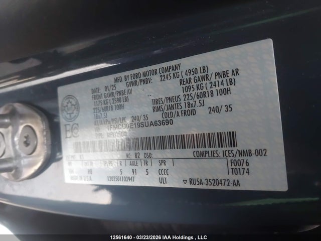 2025 Ford Escape Phev მანქანა იყიდება აუქციონზე, vin: 1FMCU0E19SUA63690, აუქციონის ნომერი: 12561640