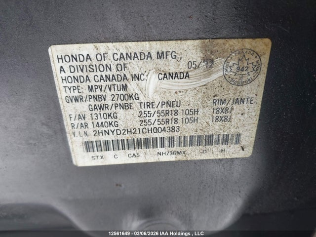 Продажа на аукционе авто 2012 Acura Mdx, vin: 2HNYD2H21CH004383, номер лота: 12561649