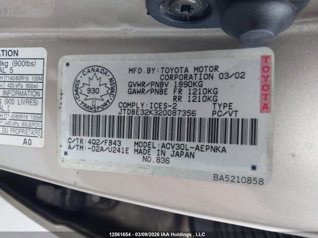 Продажа на аукционе авто 2002 Toyota Camry Le/xle/se, vin: JTDBE32K320087356, номер лота: 12561654