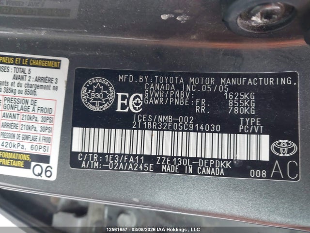 Aukcja sprzedaży 2005 Toyota Corolla, vin: 2T1BR32E05C914030, numer aukcji: 12561657