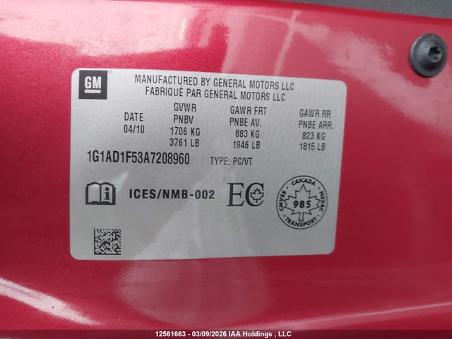 12561663 :رقم المزاد ، 1G1AD1F53A7208960 vin ، 2010 Chevrolet Cobalt 1lt مزاد بيع