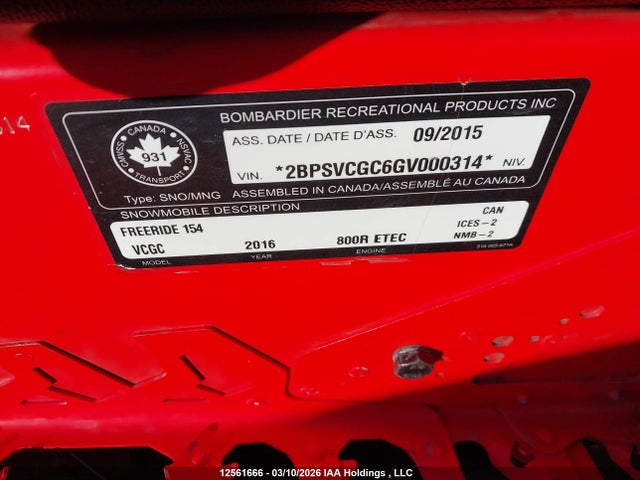 Aukcja sprzedaży 2016 Skidoo , vin: 2BPSVCGC6GV000314, numer aukcji: 12561666