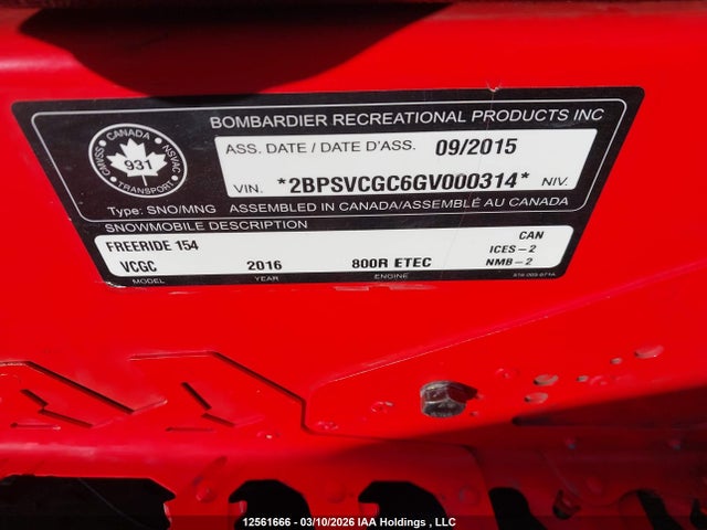Aukcja sprzedaży 2016 Skidoo , vin: 2BPSVCGC6GV000314, numer aukcji: 12561666