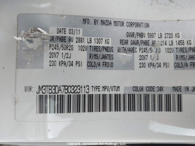 Aukcja sprzedaży 2011 Mazda Cx-9 Gt, vin: JM3TB3DA7B0323113, numer aukcji: 12561676