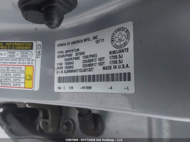 2012 Honda Cr-v Ex-l მანქანა იყიდება აუქციონზე, vin: 5J6RM4H71CL801327, აუქციონის ნომერი: 12561680