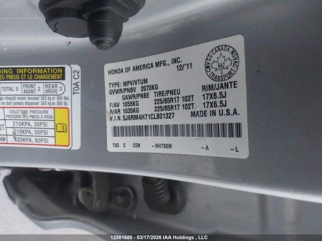 2012 Honda Cr-v Ex-l მანქანა იყიდება აუქციონზე, vin: 5J6RM4H71CL801327, აუქციონის ნომერი: 12561680