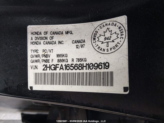 Продаж на аукціоні авто 2008 Honda Civic Lx, vin: 2HGFA16568H109619, номер лоту: 12561681