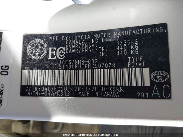 Aukcja sprzedaży 2017 Toyota Corolla L/le/xle/se/xse, vin: 2T1BURHE8HC907078, numer aukcji: 12561689