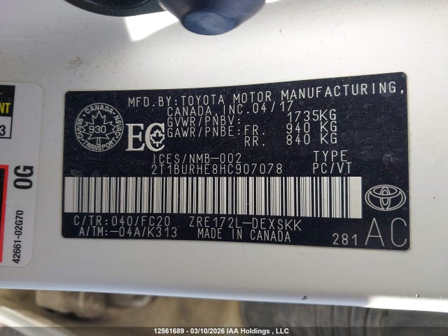 Aukcja sprzedaży 2017 Toyota Corolla L/le/xle/se/xse, vin: 2T1BURHE8HC907078, numer aukcji: 12561689
