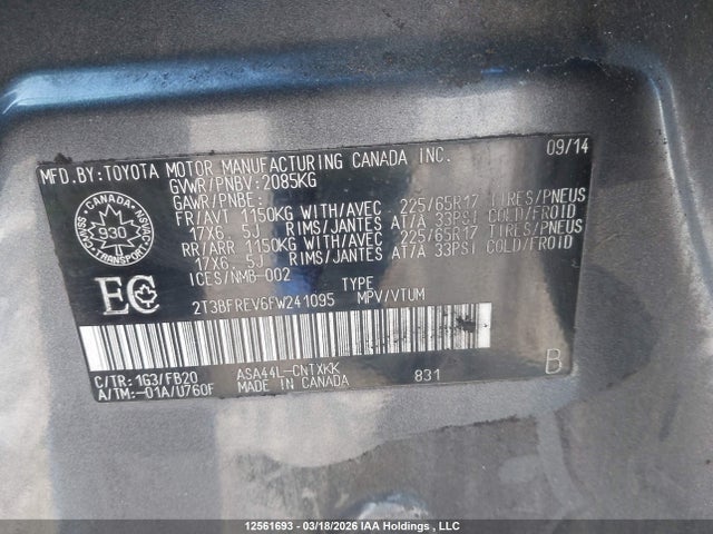 Aukcja sprzedaży 2015 Toyota Rav4 Le, vin: 2T3BFREV6FW241095, numer aukcji: 12561693