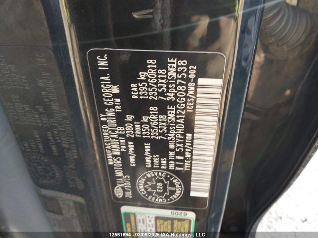 Aukcja sprzedaży 2016 Kia Sorento 2.0l Ex/2.0l Lx+, vin: 5XYPHDA12GG087538, numer aukcji: 12561694