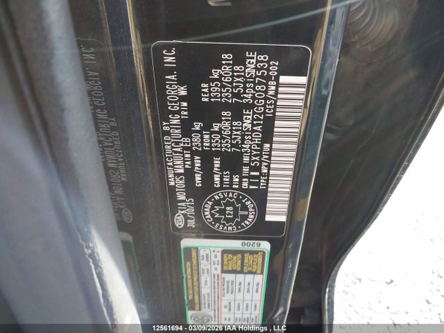 Aukcja sprzedaży 2016 Kia Sorento 2.0l Ex/2.0l Lx+, vin: 5XYPHDA12GG087538, numer aukcji: 12561694