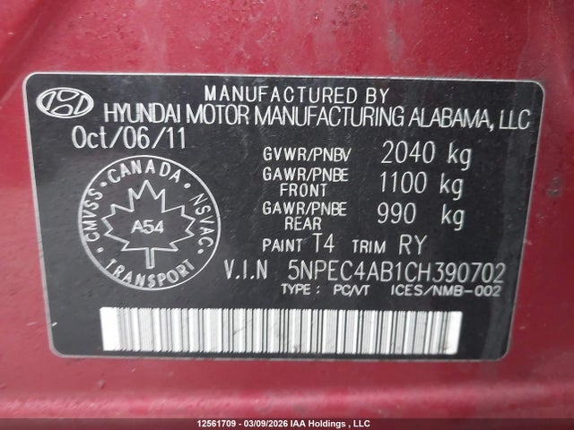 Продаж на аукціоні авто 2012 Hyundai Sonata Se/limited, vin: 5NPEC4AB1CH390702, номер лоту: 12561709