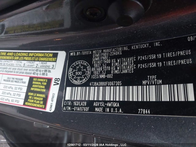 12561712 :رقم المزاد ، 4T3BA3BB0FU067305 vin ، 2015 Toyota Venza مزاد بيع
