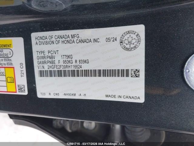 12561715 :رقم المزاد ، 2HGFE2F39RH116624 vin ، 2024 Honda Civic مزاد بيع