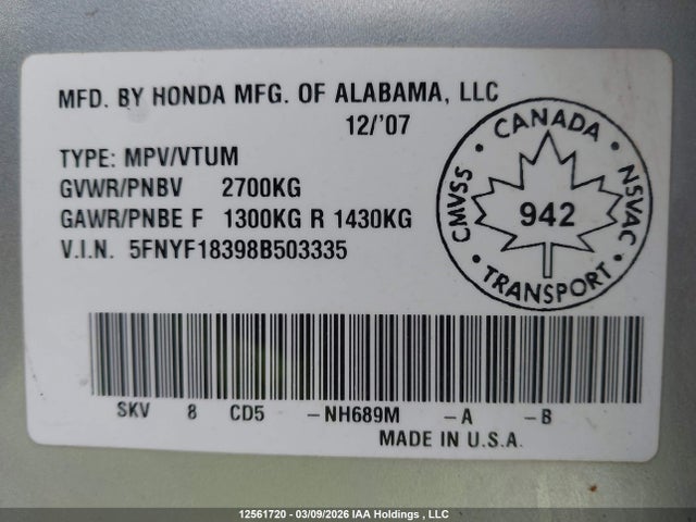 Продаж на аукціоні авто 2008 Honda Pilot Se, vin: 5FNYF18398B503335, номер лоту: 12561720