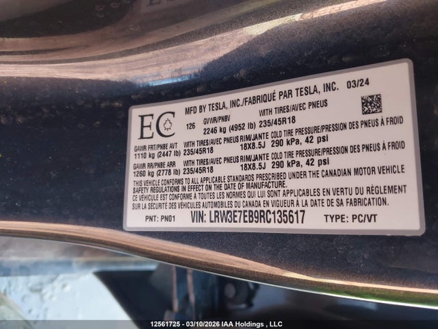 Aukcja sprzedaży 2024 Tesla Model 3 Long Range, vin: LRW3E7EB9RC135617, numer aukcji: 12561725