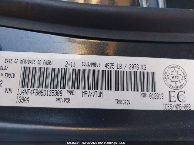 Продаж на аукціоні авто 2011 Jeep Compass Sport/north, vin: 1J4NF4FB0BD135988, номер лоту: 12536651