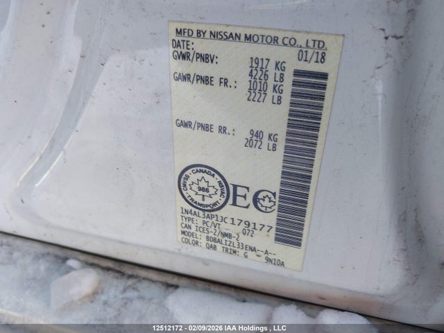 1N4AL3AP1JC179177 Nissan Altima 2.5 S/2.5 Sl Tech/2.5 Sv