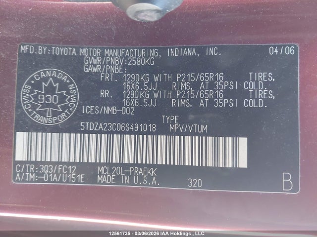 12561735 :رقم المزاد ، 5TDZA23C06S491018 vin ، 2006 Toyota Sienna Ce/le مزاد بيع