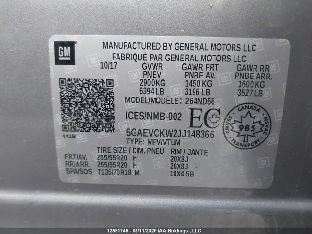 Aukcja sprzedaży 2018 Buick Enclave Avenir, vin: 5GAEVCKW2JJ148366, numer aukcji: 12561745