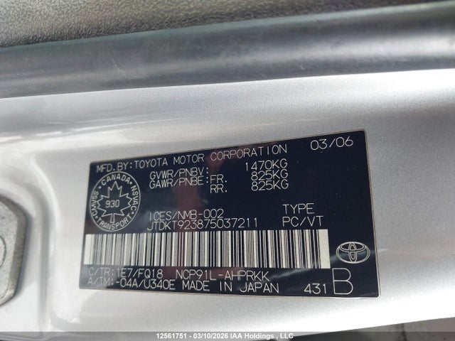 Aukcja sprzedaży 2007 Toyota Yaris, vin: JTDKT923875037211, numer aukcji: 12561751