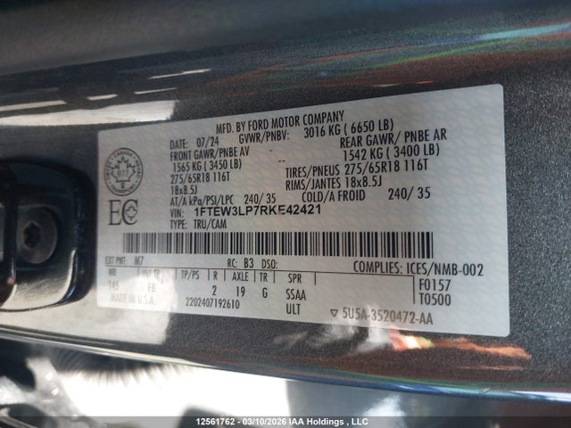 Продажа на аукционе авто 2024 Ford F-150 Xlt, vin: 1FTEW3LP7RKE42421, номер лота: 12561762