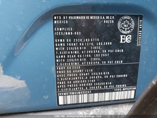 12561769 :رقم المزاد ، 3VVMR7RM0SM033247 vin ، 2025 Volkswagen Tiguan Comfortline مزاد بيع