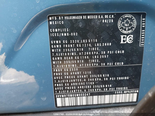 12561769 :رقم المزاد ، 3VVMR7RM0SM033247 vin ، 2025 Volkswagen Tiguan Comfortline مزاد بيع