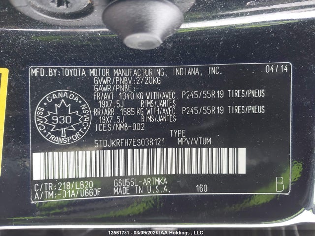 Aukcja sprzedaży 2014 Toyota Highlander Xle, vin: 5TDJKRFH7ES038121, numer aukcji: 12561781