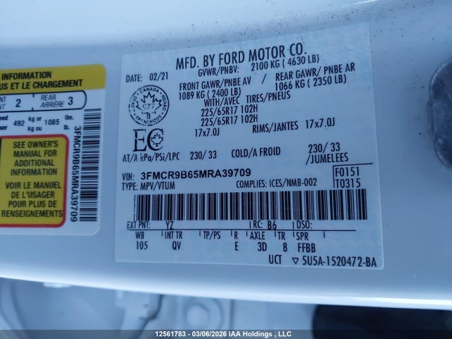 2021 Ford Bronco Sport Big Bend მანქანა იყიდება აუქციონზე, vin: 3FMCR9B65MRA39709, აუქციონის ნომერი: 12561783