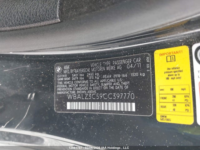 Aukcja sprzedaży 2012 Bmw 650i, vin: WBALZ3C59CC397770, numer aukcji: 12561787